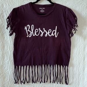 ON FIRE 'Blessed' Print & Back Print Fringe Detail Short Sleeve T-Shirt